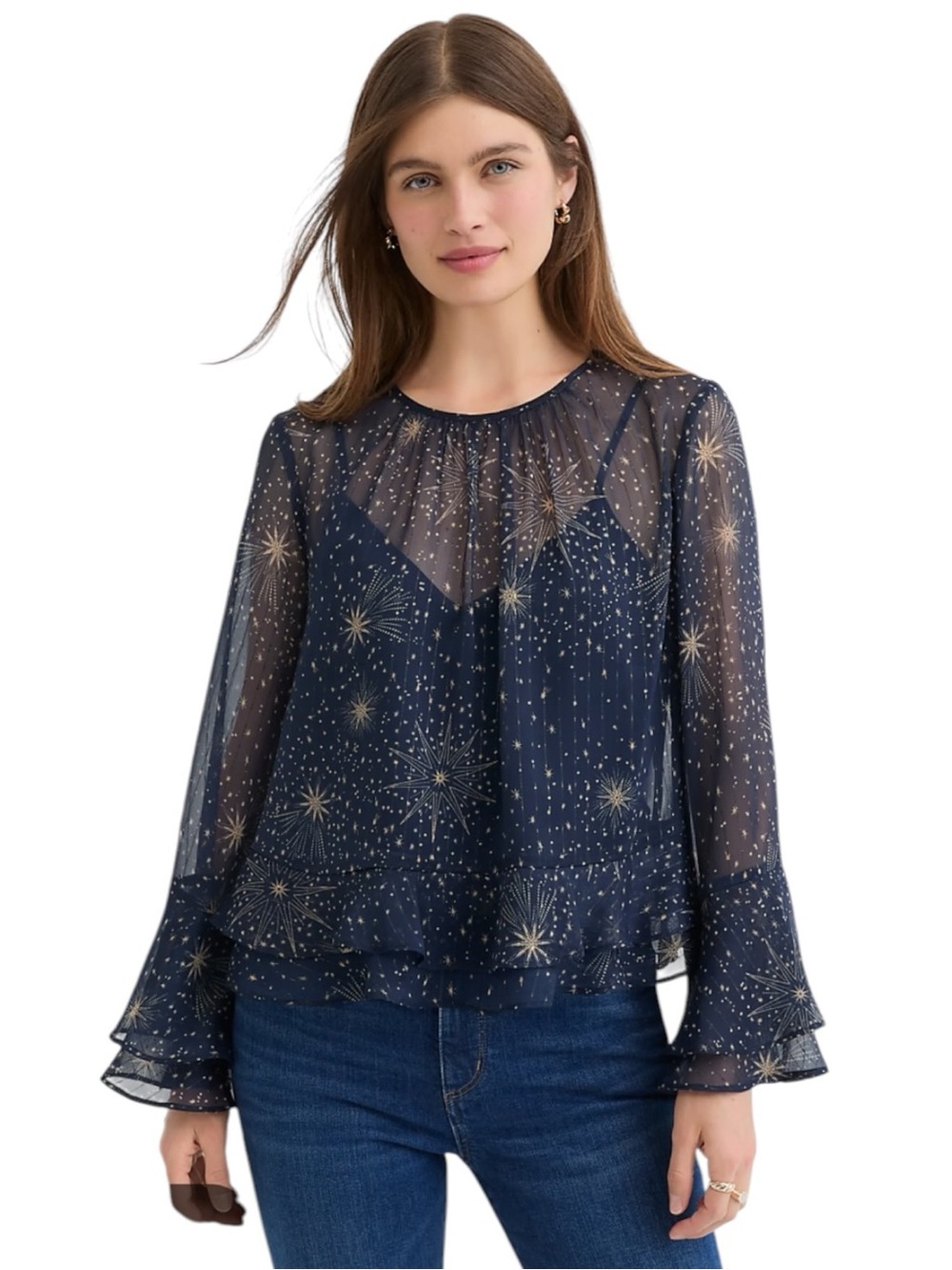 LOFT | Deep Navy Celestial Sheer Ruffle Sleeve Blouse Sz M NWT